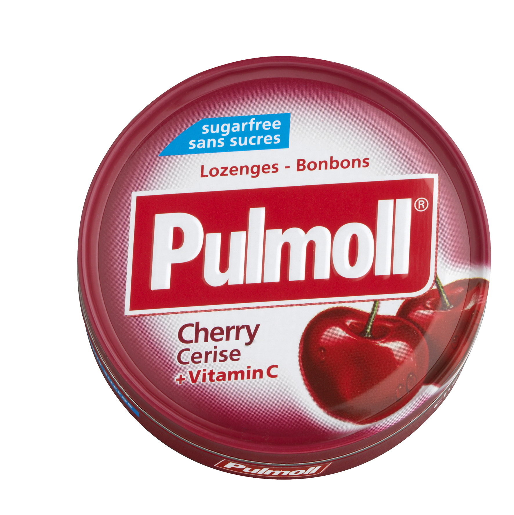 Pulmoll Cherry sugar-free 45 g tin – international packaging