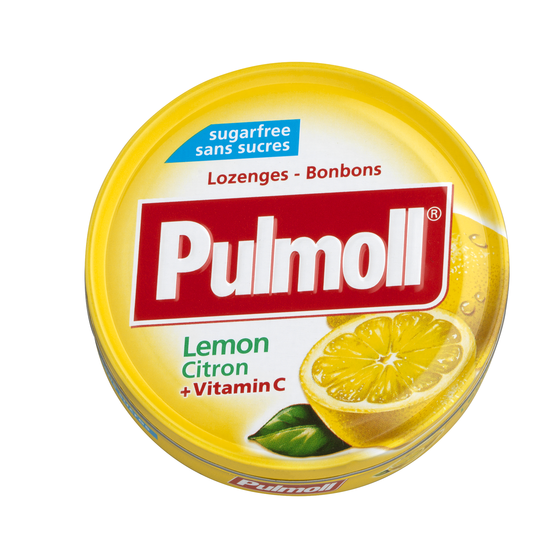 Pulmoll Lemon sugar-free 45 g tin – international packaging