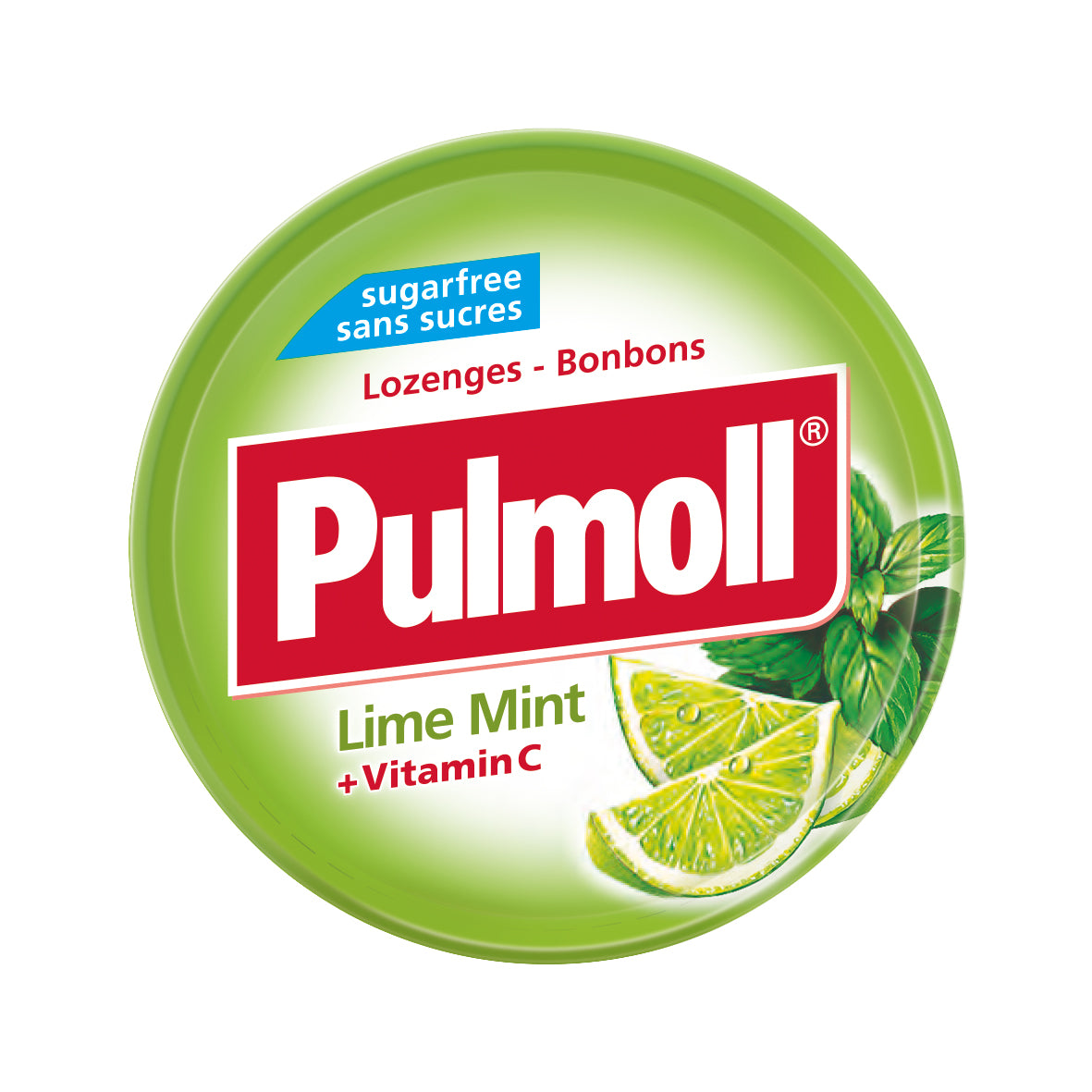 Pulmoll Lime Mint sugar-free 45 g tin – international packaging