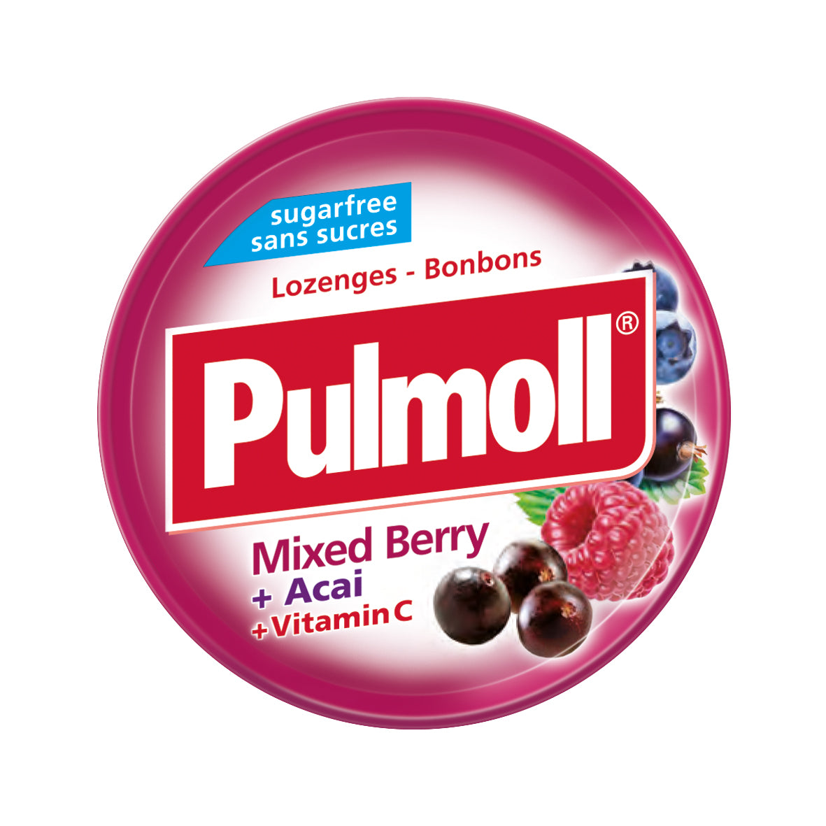 Pulmoll Mixed Berry sugar-free 45 g tin – international packaging