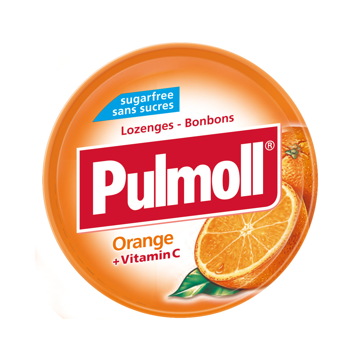 Pulmoll Orange sugar-free 45 g tin – international packaging